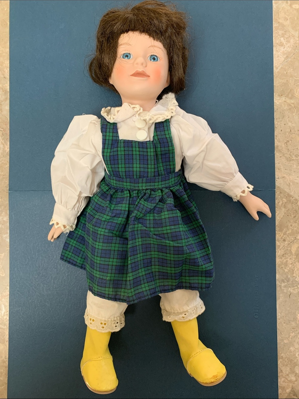 Vantage Classic Plaid Dress Porcelain-Style Doll w/Yellow Boots. Pre-Owned. 15”